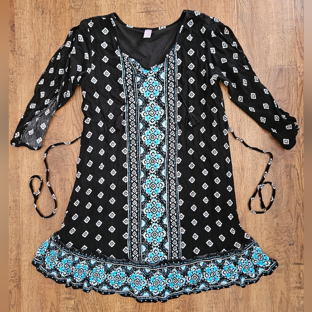 Justice Black Tunic with Turquoise & White Pattern